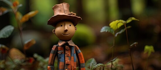 Scottish clay figure wearing tartan and hat in magical forest garden with leaves - obrazy, fototapety, plakaty