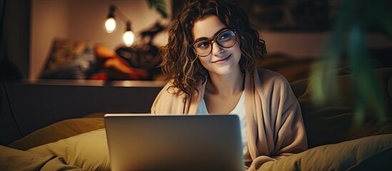 Young woman in cozy attire and glasses taking notes in bed while working remotely on laptop during staycation.