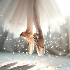 A pair of ballet slippers floating in the air, leaving a trail of pastel stardust - obrazy, fototapety, plakaty
