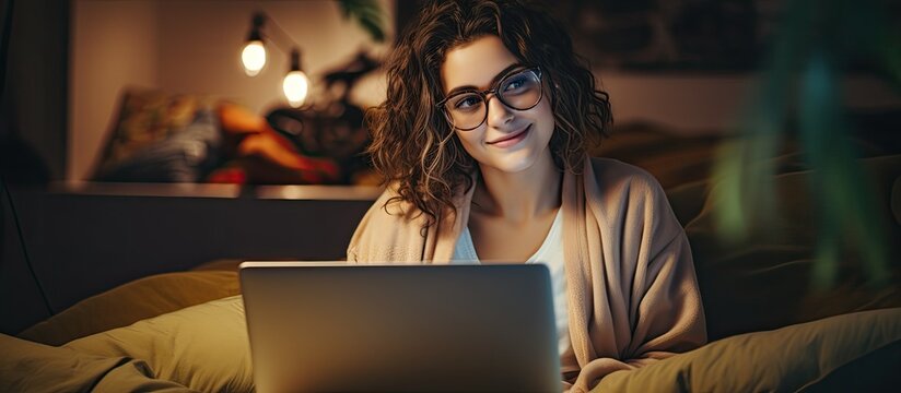 Young woman in cozy attire and glasses taking notes in bed while working remotely on laptop during staycation.