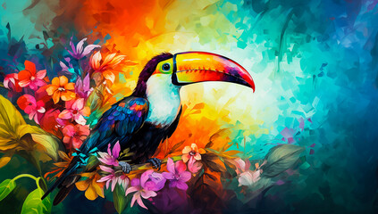Colorful toucan bird with tropical flowers modern art with splash of paint, drips on bright background. Tropical hornbill paradise travel vacation, cute cartoon exotic jungle graphic resource by Vita - obrazy, fototapety, plakaty