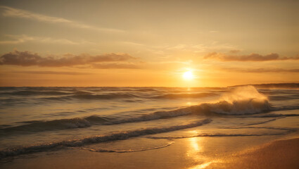 Fototapeta na wymiar Golden Sunset Beach - Sunlight Glistening on Ocean Waves with Captivating Flare Effects.