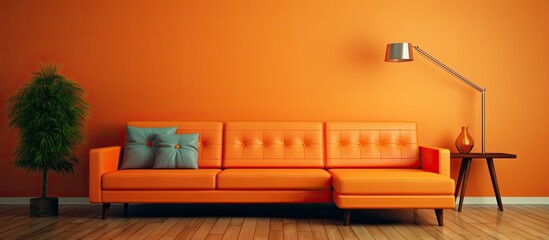 Retro sofa in orange corner of living room.