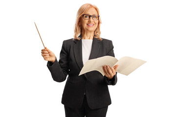 Female conductor holding an orchestral score