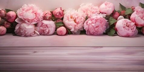 Fresh bunch of pink peonies and roses with copy space on pink wooden background.