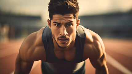 Close up photography of a fit, muscular and handsome young male runner athlete wearing grey athletic t shirt getting ready to sprint on a racetrack. Sport lifestyle, athletics competition 