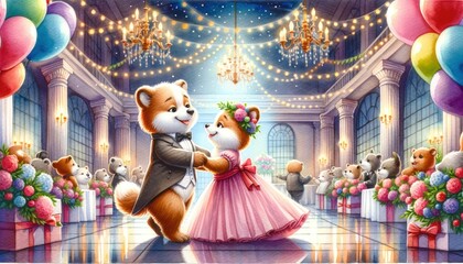 Elegant watercolor of two animals joyfully dancing at a Valentine's Day ball, with romantic lighting and festive decorations.
