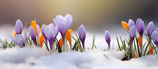 Spring gathering of crocus flowers and miniature snowman in a snowy clearing.