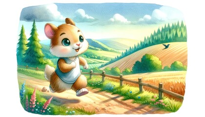 Vibrant watercolor of a cute animal running cross-country, with rolling hills, clear sky, and a trail through fields and woods.
