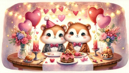 Fototapeta premium Romantic watercolor of two cute animals celebrating Valentine's Day, with heart-shaped balloons, flowers, and candlelit dinner. 