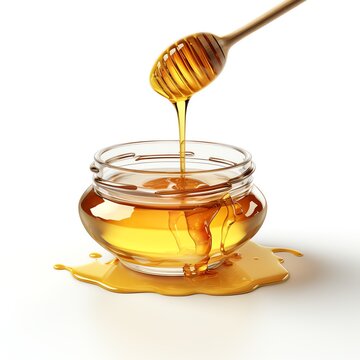 a honey dripping from a wooden spoon into a jar