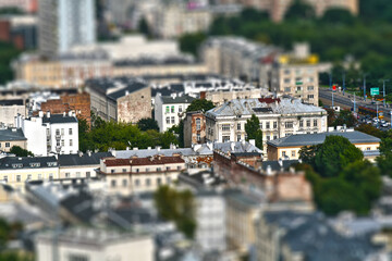 Historic center of city with tilt shift effect