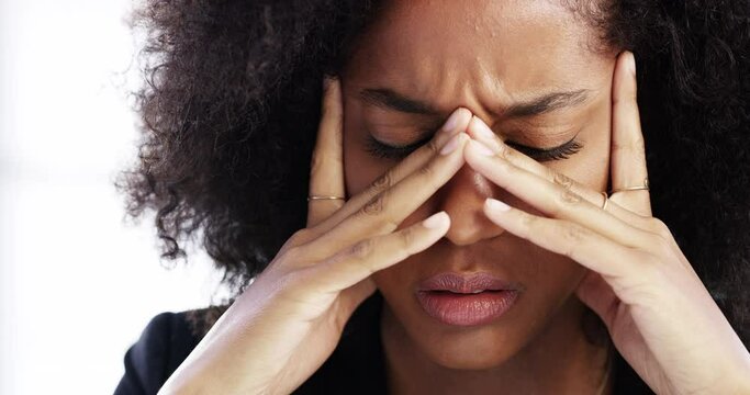Woman, employee and headache tension in office burnout, vertigo pain or brain fog. Black person, hand and touch stress fatigue work or frustrated pressure migraine or company anxiety, tired or dizzy