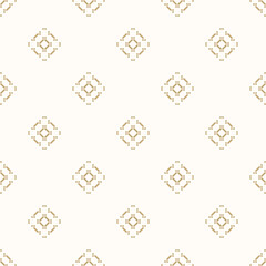 Elegant seamless pattern with golden geometric flowers on white background. Luxurious Nordic-inspired design. Minimalist vector texture. Simple golden ethnic ornament. Repeat texture for decor, print