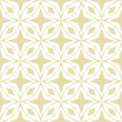 Abstract geometric seamless pattern. Subtle golden ornament with grid, lines, stars, flower silhouettes, repeat tiles. Simple gold and white texture. Modern minimal background. Luxury vector design
