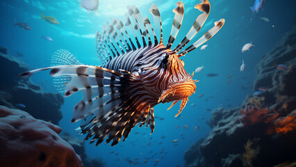 Naklejka na ściany i meble Exquisite Underwater Elegance: Lionfish Posing in Serene Light Blue Waters
