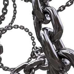 Intertwined 3d chrome metal chains swirling in the air render intersecting