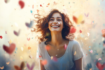 Obraz premium Happy smiling young woman standing under falling confetti