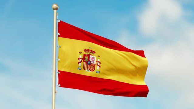 Flag of Spain, looped and seamless. Fabric texture, realistic wind, bottom view. Close-up.