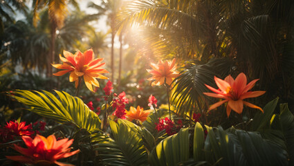 Fototapeta na wymiar Tropical Oasis - Sunlight Caressing Palms and Exotic Flowers with Vivid Flare.