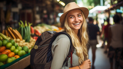 Beautiful young and happy tourist girl with blonde hair wearing a backpack and a hat, turning around on the local city marketplace where fresh organic vegetables are being sold to customers and buyers