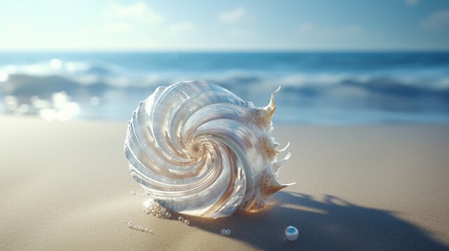 A delicate seashell with its spirals dissolving into frothy ocean waves, evoking the origin of its creation.