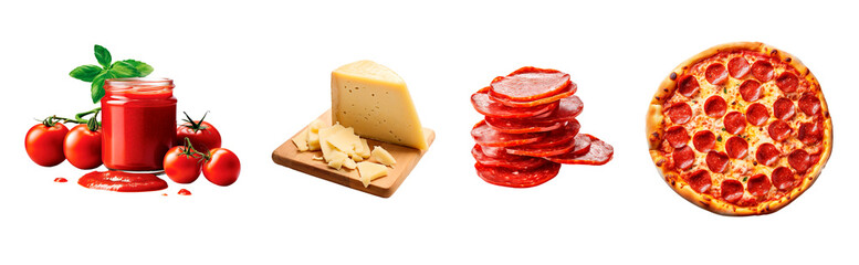 Collage set of tomato sauce, cheese block, pepperoni and pizza over isolated transparent background. Pizza ingredients concept