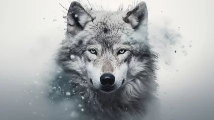 Deurstickers A detailed double exposure image where a wolf's visage is blended into a snowy white canvas, highlighting the contrast between its dark eyes and the bright absence of color. © Abdul