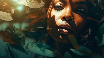 A double exposure artistic rendering that features the striking gaze of an African American woman set against a backdrop of leaves