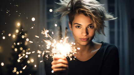 christmas portrait of a woman with sparklers