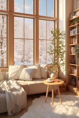 A cozy living room with windows, snow scenes