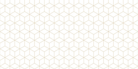 Luxury seamless pattern with geometric hexagonal lattice, 3d cube. Simple thin gold lines texture on white background. Vector abstract repeat ornament. Minimalist geo design for decor, wallpaper, web
