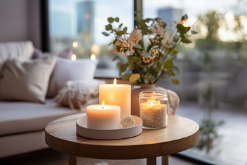 Fototapeta na wymiar white candles burn against the background of a modern white apartment. cozy hygge background.