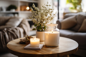 white candles burn against the background of a modern white apartment. cozy hygge background.