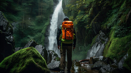 A young traveler with a backpack on a hike against the backdrop of a waterfall in the forest. Lifestyle and adventure concept.