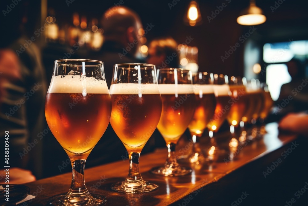 Aufkleber A row of beer glasses lined up on a bar. Perfect for illustrating a lively bar scene or showcasing different types of beer.