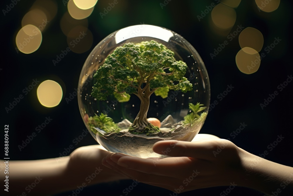 Poster A person holds a glass ball containing a miniature tree. This unique and captivating image can be used for various purposes