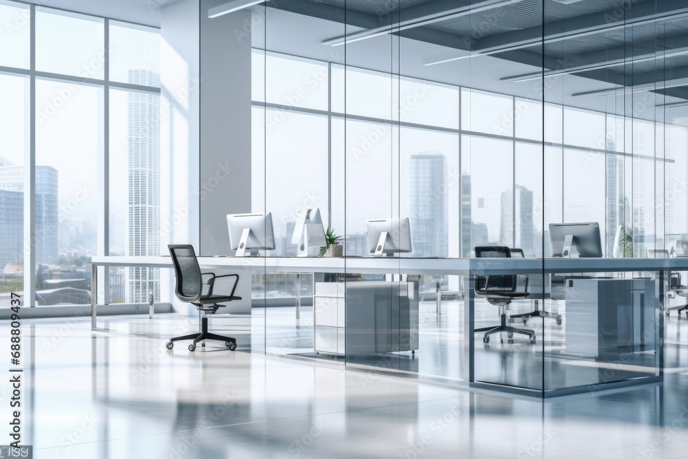 Poster an empty office space with a panoramic view of the city. perfect for corporate or real estate concep