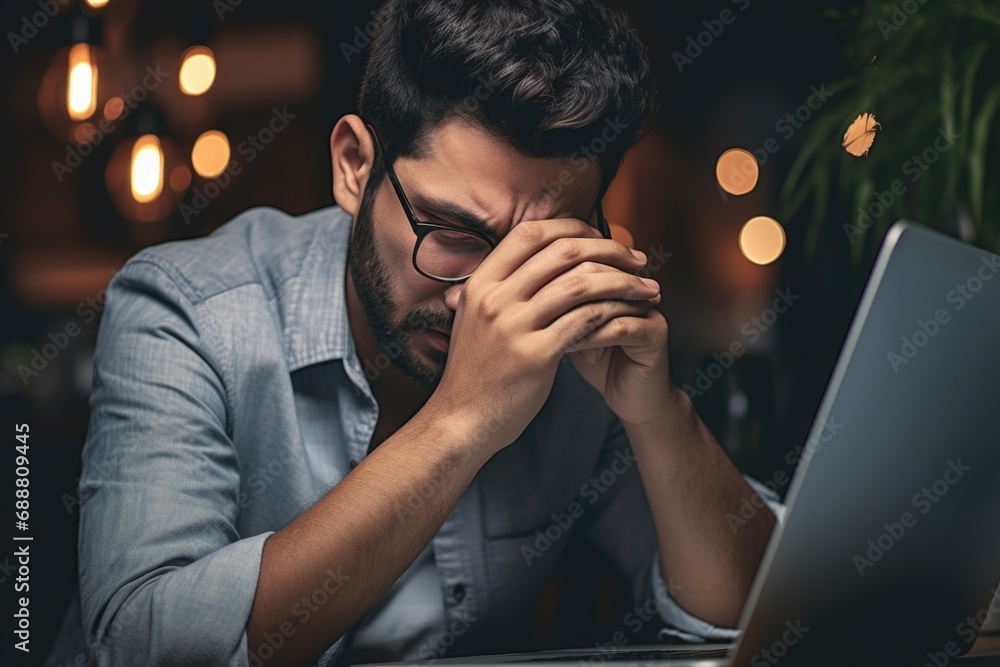 Poster a man sitting in front of a laptop computer. can be used for technology, work, or online communicati