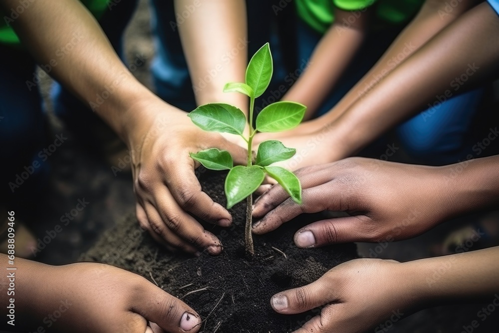 Poster a group of people standing together and holding hands around a plant. this image can be used to repr