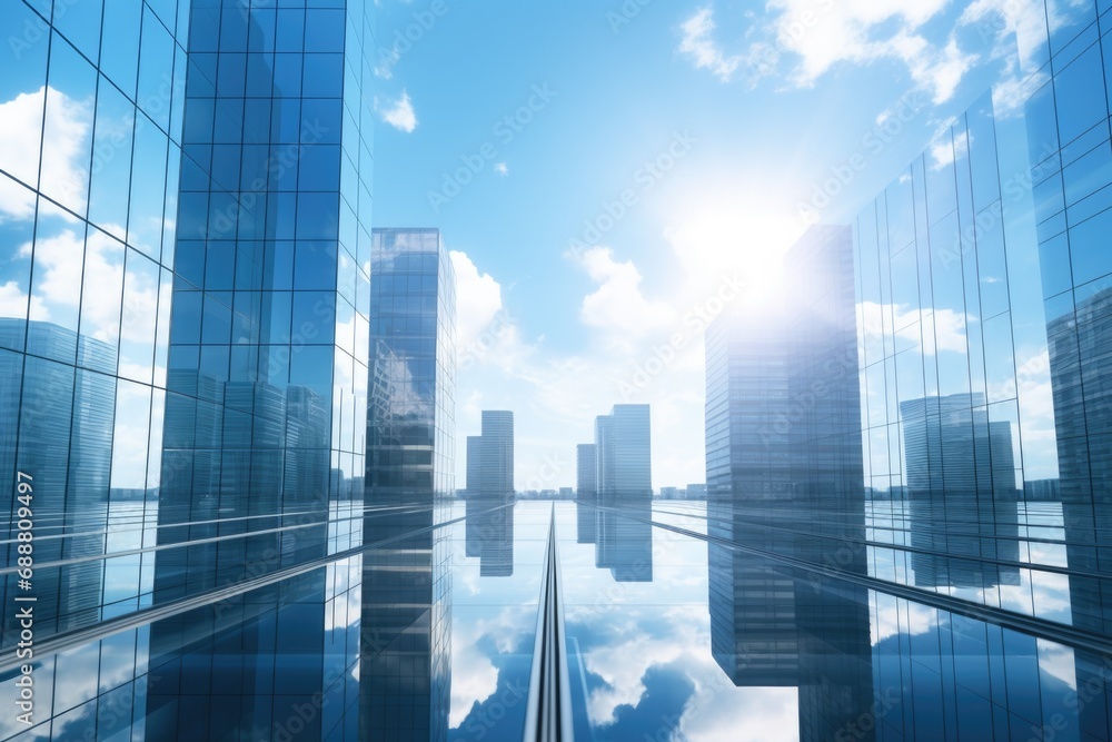 Poster a stunning image capturing the reflection of skyscrapers in a pool of water. perfect for architectur