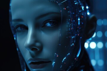 A close up of a woman wearing a futuristic headgear. This image can be used to depict futuristic fashion or technology.