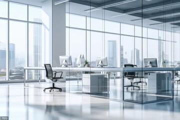 An empty office space with a panoramic view of the city. Perfect for corporate or real estate concepts