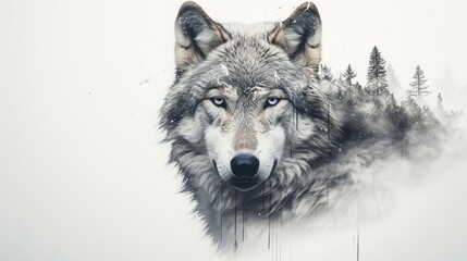 A double exposure rendering that features the intense gaze of a wolf, its facial details etched against a pure white background, embodying the stark beauty of the wilderness.