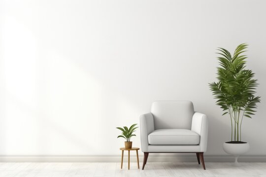 A white chair is seen sitting next to a potted plant. This versatile image can be used to depict relaxation, interior design, home decor, or even outdoor seating arrangements