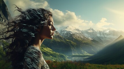 A fusion of femininity and rugged nature as a womana??s poised image is superimposed with the layered vistas of a mountain range at sunrise. - obrazy, fototapety, plakaty