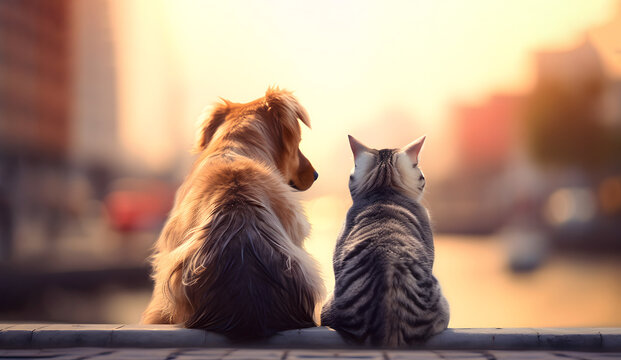 Happy couple of cat and dog in love seated on sunny urban street at sunset, rear view. Love and happiness concept.
