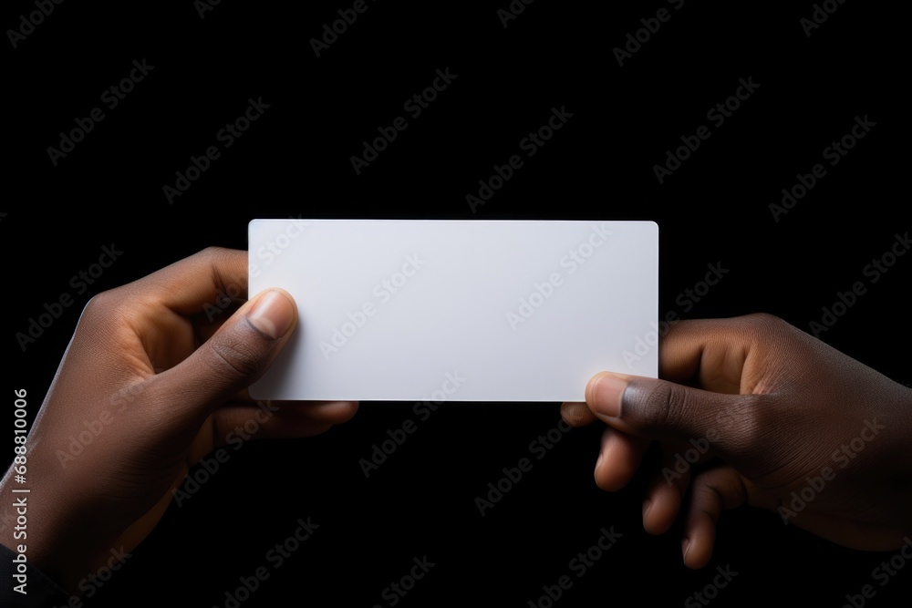 Aufkleber hands holding a white business card against a black background. perfect for business presentations o