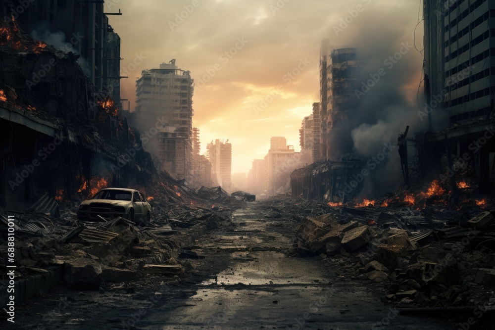 Poster a car is seen driving through the ruins of a once thriving city. this image can be used to depict po