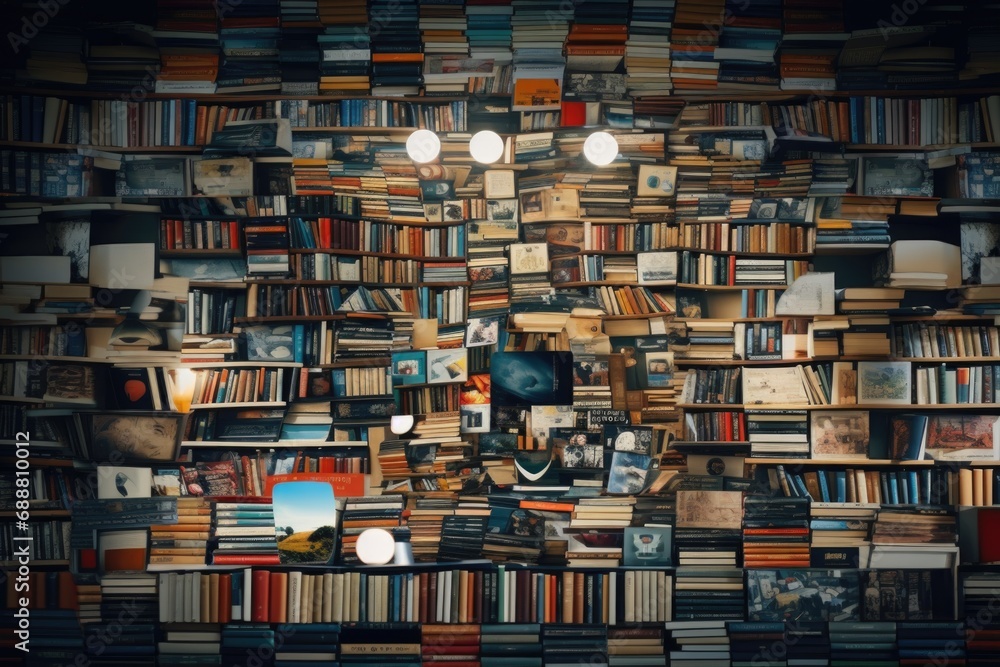 Poster a room filled with an extensive collection of books and various pictures. perfect for bookworms and 